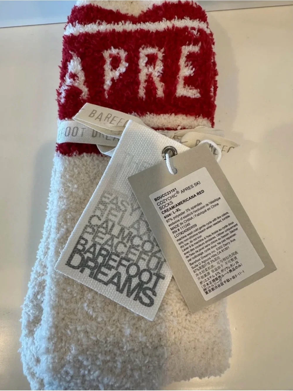 Barefoot Dreams Cream and Red Après-Ski Cozy Socks